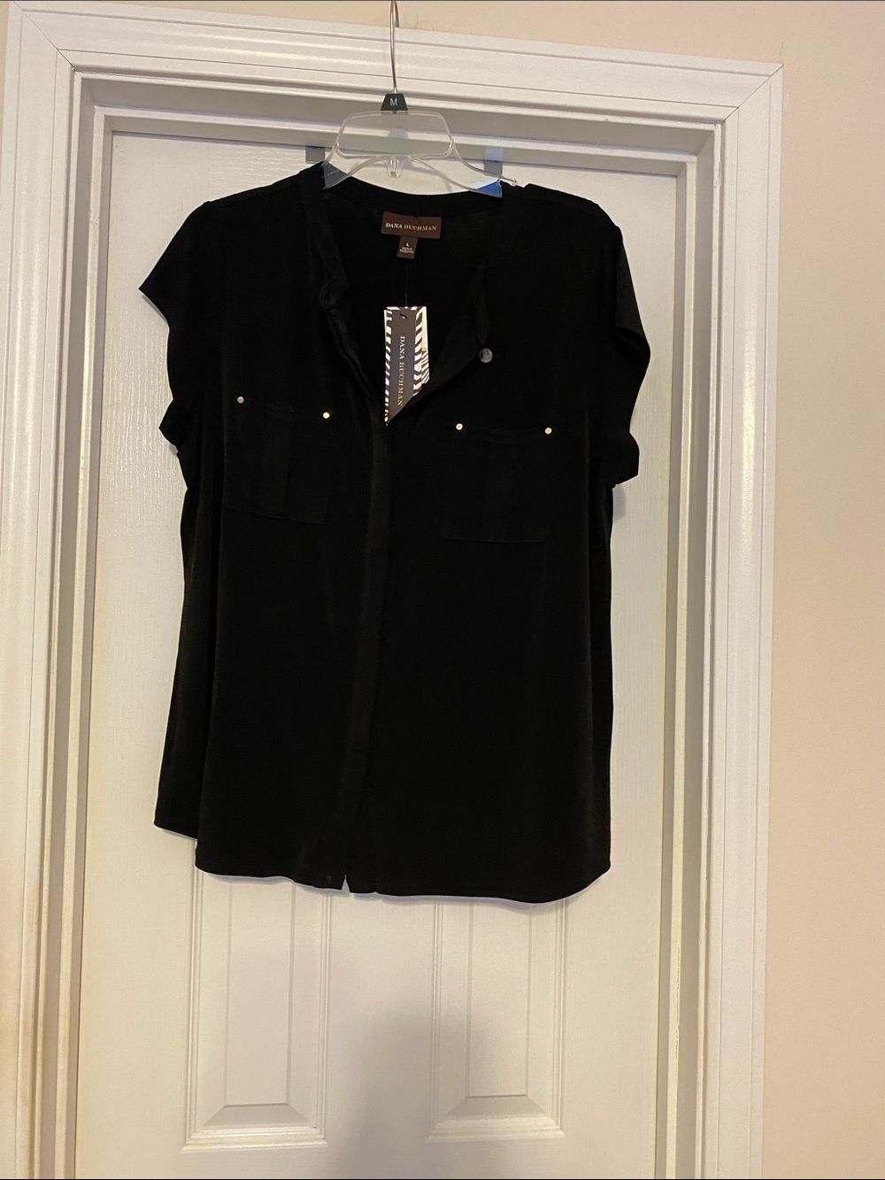 Dana Buchman Black Short Sleeve Button-Down Shirt with Pocket Studs size‎ large
